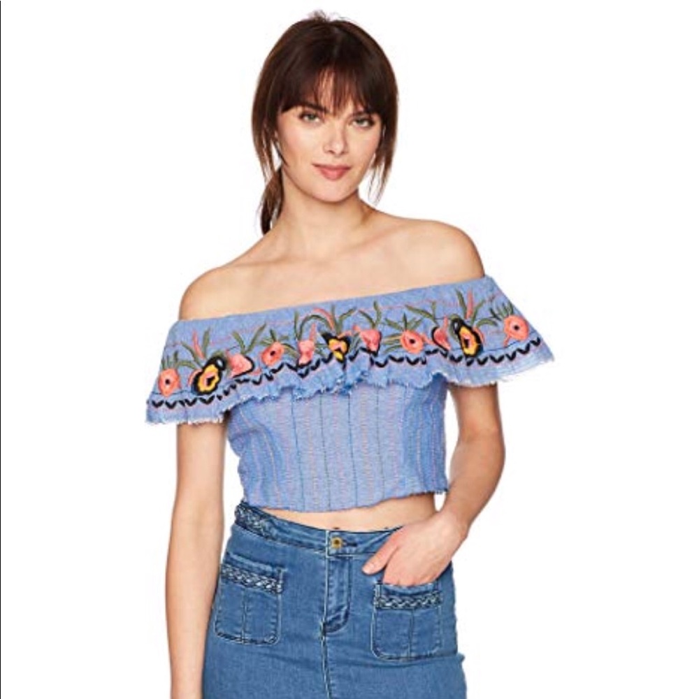 Chambray Embroidered Boho Off the Shoulder Crop Top